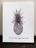 Pineapple- Welcome. 8x10 lightly textured fine art paper print of ink sketch, black and bright white.