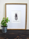 Pineapple- Welcome. 8x10 lightly textured fine art paper print of ink sketch, black and bright white.