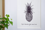 Pineapple- Welcome. 8x10 lightly textured fine art paper print of ink sketch, black and bright white.