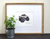 Monster Truck "Dream big, work hard." 8x10 archival quality fine art paper print, black and bright white with light texture.