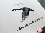 Canada Goose "Find your wings." 8x10 archival quality fine art paper print, black and bright white.