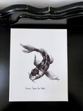 Koi Fish "Fortune favours the brave." 8x10 archival quality fine art paper print, black and bright white white with light texture.