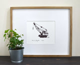 Construction Trucks, Crane "We rise by lifting others." 8x10 archival quality fine art paper print, black and bright white.