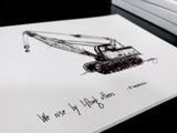 Construction Trucks, Crane "We rise by lifting others." 8x10 archival quality fine art paper print, black and bright white.