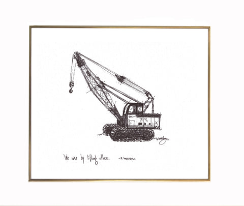 Construction Trucks, Crane "We rise by lifting others." 8x10 archival quality fine art paper print, black and bright white.