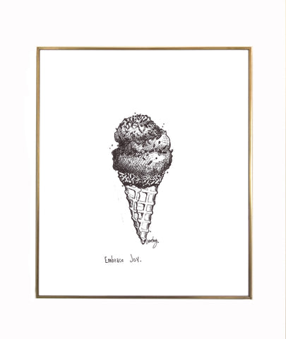 Ice Cream Cone "Embrace joy." 8x10 archival quality fine art paper print, black and bright white with light texture.