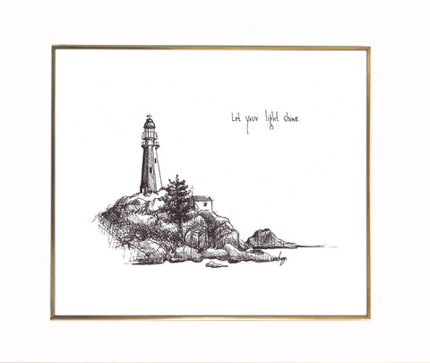 Lighthouse "Let your light shine." 8x10 archival quality fine art paper print, black and bright white with light texture.