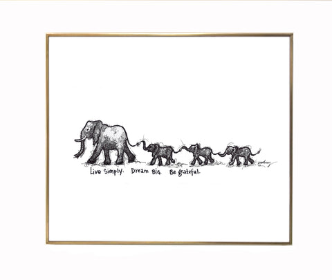 Elephant family "Live simply. Dream big. Be grateful." 8x10 archival quality fine art paper print, black and bright white with light texture