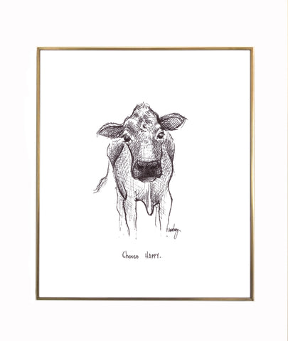 Cow "Choose HAPPY." 8x10 archival quality fine art paper print, black and white