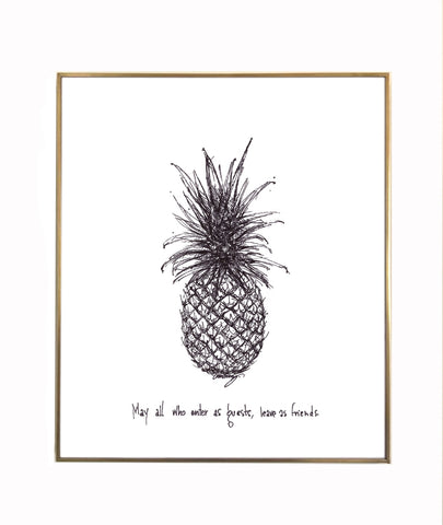 Pineapple- Welcome. 8x10 lightly textured fine art paper print of ink sketch, black and bright white.