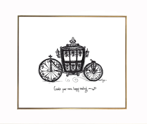 Carriage "Create your own happy ending." 8x10 archival quality fine art paper print, black and bright white with light texture.