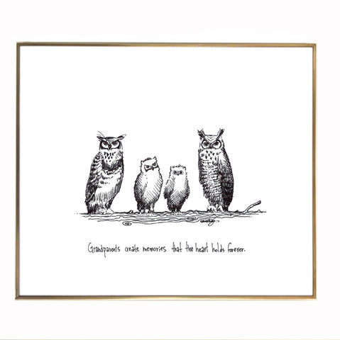 Owl Family "Grandparents create memories that the heart holds forever." 8x10 archival quality fine art paper print, black and white.