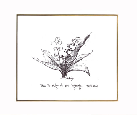 Lily of the Valley "Trust the magic of new beginnings." Archival quality fine art paper print, black & white inspirational flower ink sketch