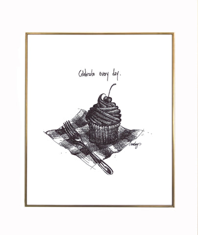 Cupcake "Celebrate every day." 8x10 archival quality fine art paper print, black and white with light texture