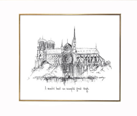 Notre Dame "A wounded heart can accomplish great things." 8x10 archival quality fine art paper print, black and white.